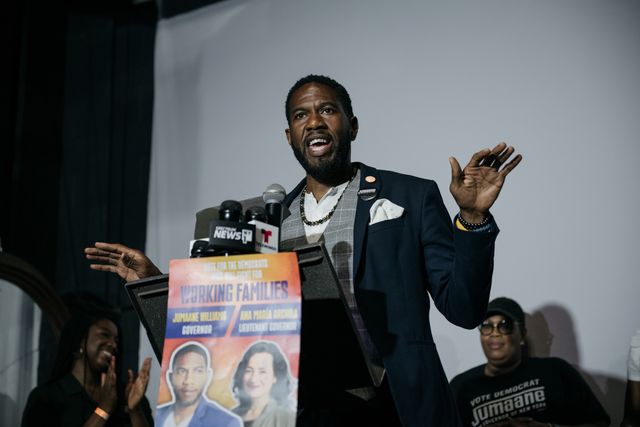 New York City Public Advocate and Democratic gubernatorial nominee Jumaane Williams at his election night party shortly after his rival, Gov. Kathy Hochul, was the projected winner for the primary race.